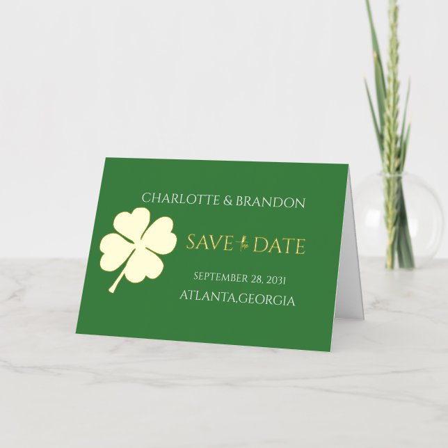  Modern Green Irish Four Leaf Clover Save the Date Foil Holiday Card (Front)