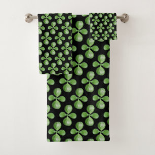 Modern Green Jade Tree Leaves on Black Bath Towel Set