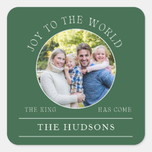 Modern Green Joy To The World Round Photo Square Sticker