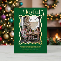 Modern Green Joyful Foil Family Photo Holiday Card