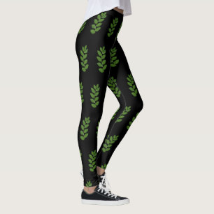 Modern Green Laurel Leaf Pattern on Black Leggings
