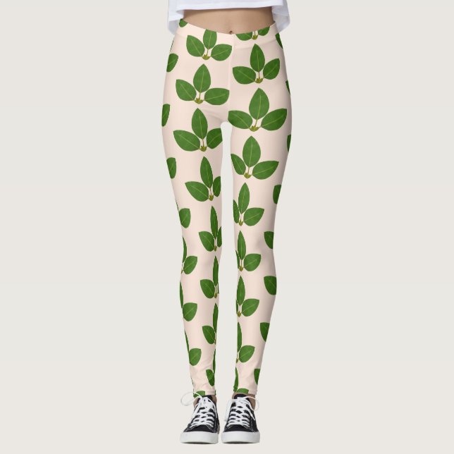 Modern Green Laurel Leaves Pattern on Ivory Leggings (Front)