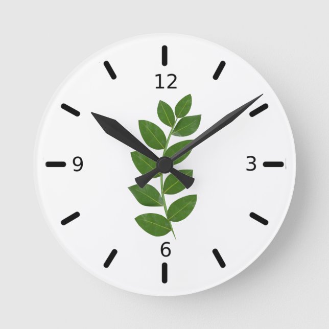 Modern Green Laurel Plant Leaves on White Round Clock (Front)
