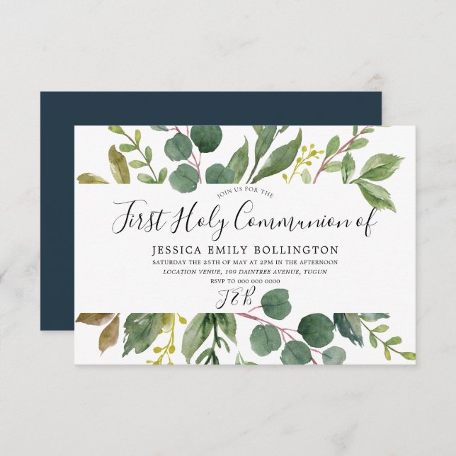 Modern Green Leaf First Holy Communion Invitation (Front/Back)