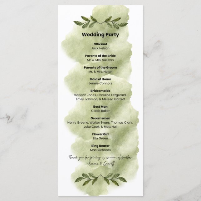 Modern Green Leaf Minimalist Wedding Program (Back)