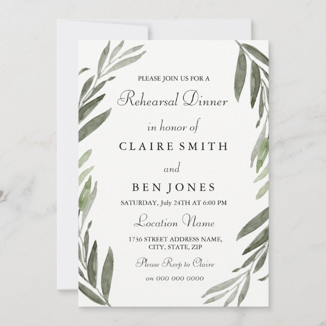 Modern Green Leaf Wedding Rehearsal Dinner Invite (Front)