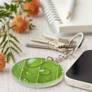 Modern Green Leaf with Raindrops  Keychain