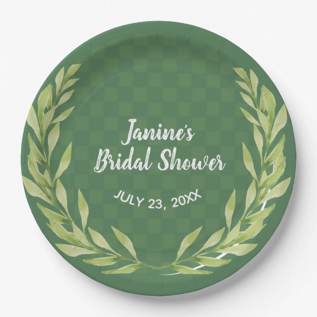 Modern Green Leaf Wreath Customizable  Paper Plate (Front)