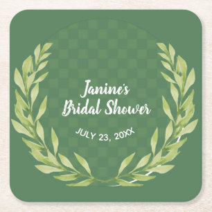 Modern Green Leaf Wreath Customizable Square Paper Coaster