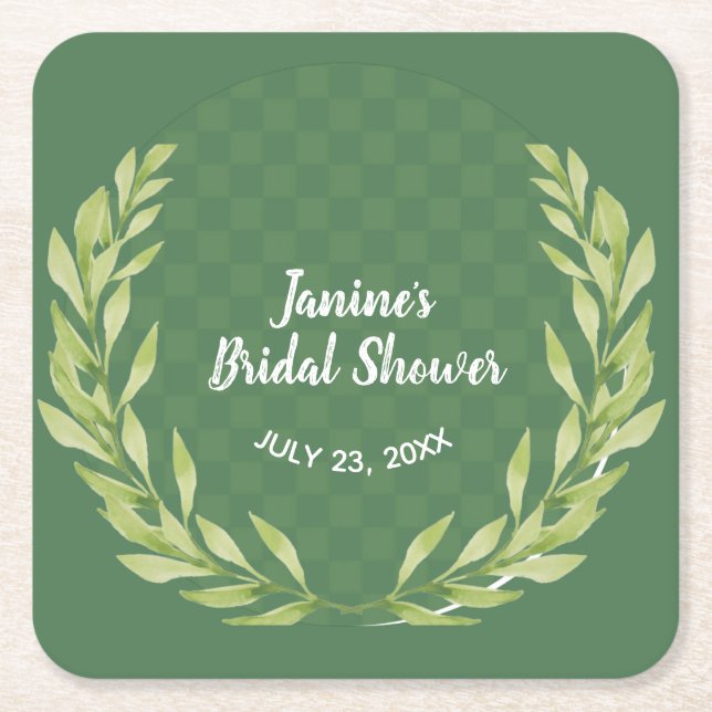 Modern Green Leaf Wreath Customizable  Square Paper Coaster (Front)