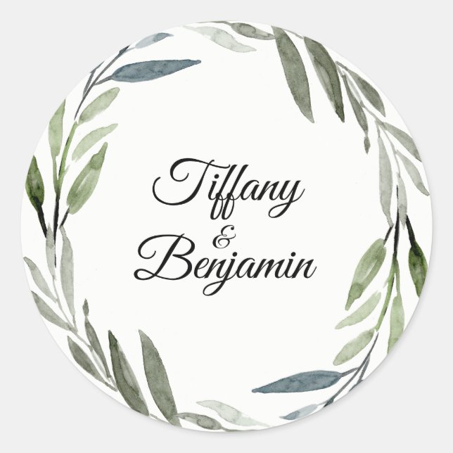 Modern Green Leaf Wreath Wedding Engagement Party Classic Round Sticker (Front)
