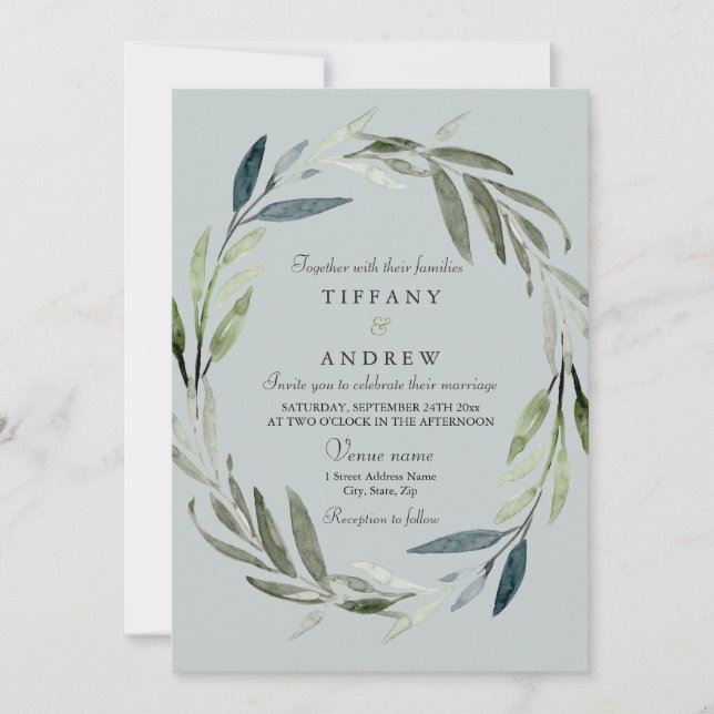 Modern Green Leaf Wreath Wedding Invitation (Front)