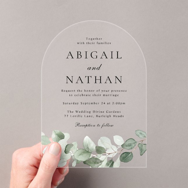 Modern Green Leaves Arch Wedding  Acrylic Invitations (Insitu (Handheld))