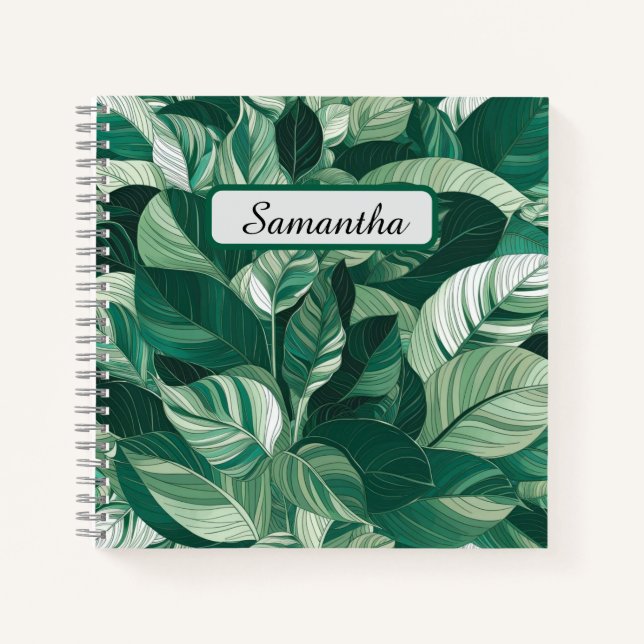 Modern Green Leaves Pattern Personalized Notebook (Front)