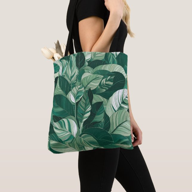 Modern Green Leaves Pattern Tote Bag (Close Up)