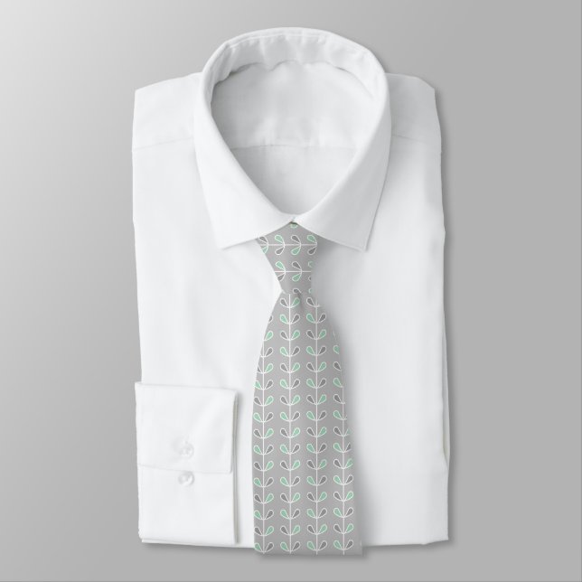 Modern Green & Light Grey Geometric Leaf Tie (Tied)