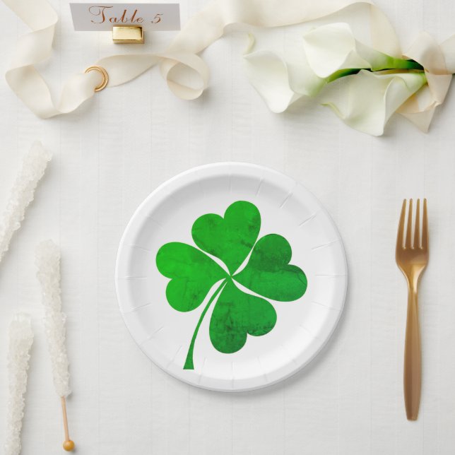 Modern Green Lucky 4 leaves heart Clover shamrock  Paper Plate (Wedding)