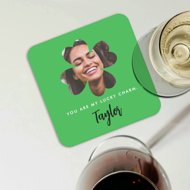 Modern Green Lucky In Love Shamrock Clover Photo Square Paper Coaster (Creator Uploaded)