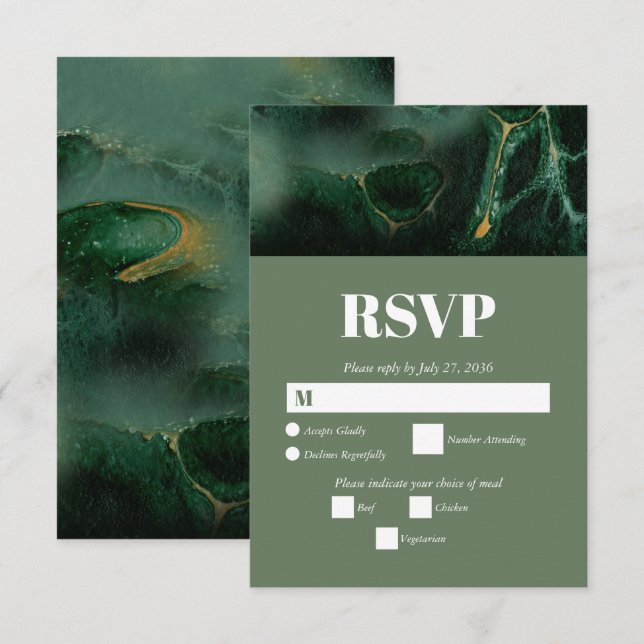 Modern Green Marble Monogram Wedding  RSVP Card (Front/Back)