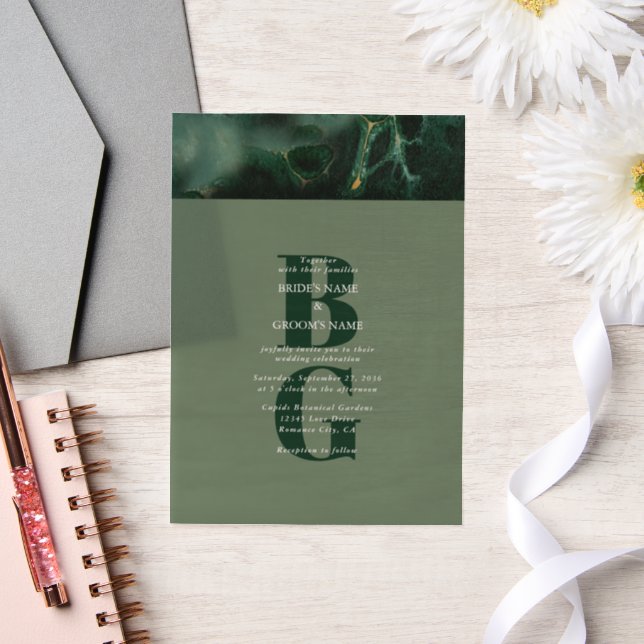 Modern Green Marble Monogram Wedding Vellum Invitations (Wedding)