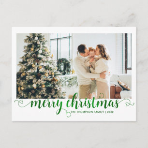 Modern Green Merry Christmas Heart Script Photo Holiday Postcard