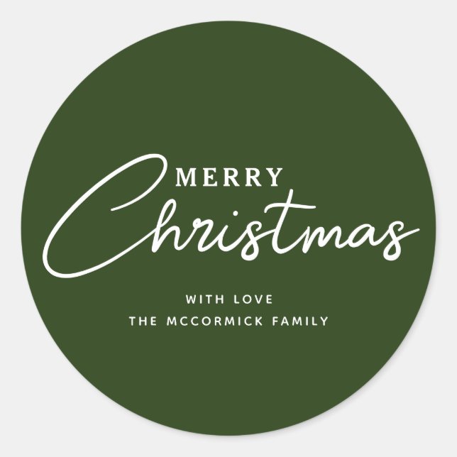 Modern Green Merry Christmas Script Custom Classic Round Sticker (Front)