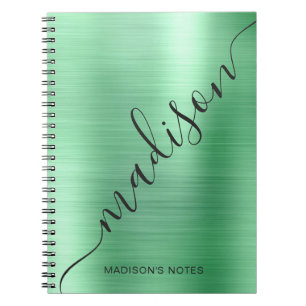 Modern Green Metal Monogram Signature Script Name Notebook