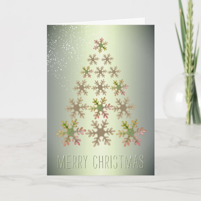 Modern Green Metallic Christmas Tree Snowflake Holiday Card (Front)