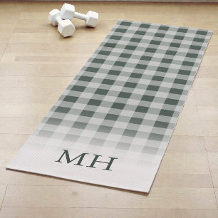Modern Green  Minimal Gingham Pattern Monogram Yoga Mat