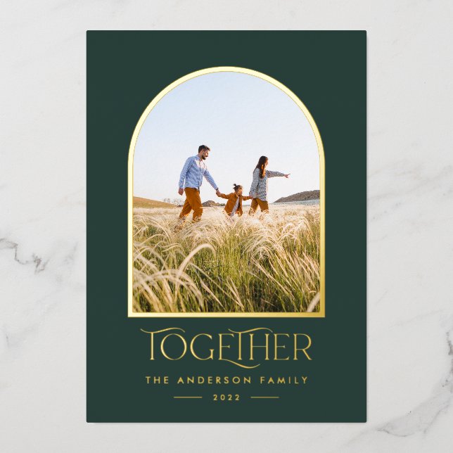 Modern green modern minimal arch photo together fo foil holiday card (Front)