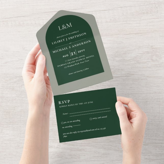 Modern Green Monochrome Wedding All In One Invitation (Tearaway)