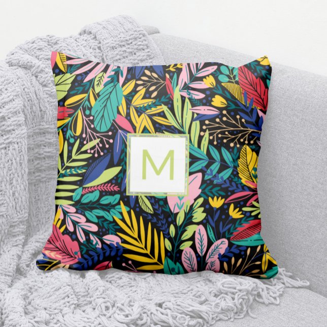 Modern Green Monogram Bright Leaves Line Art Throw Pillow (Modern Bright and Colorful Cheery Leaves Pattern Pillow with Lime Green Monogram)
