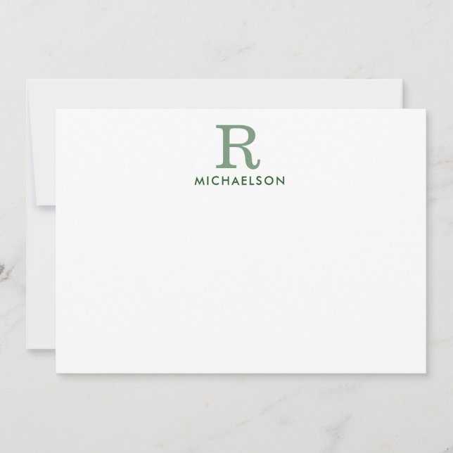 Modern Green Monogram Correspondence Note Card (Front)