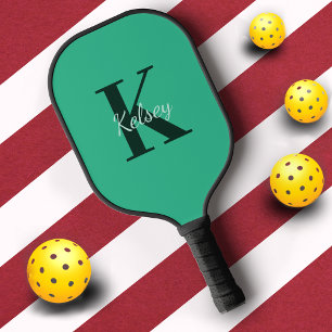 Modern Green Monogram Initial + Name Pickleball Paddle