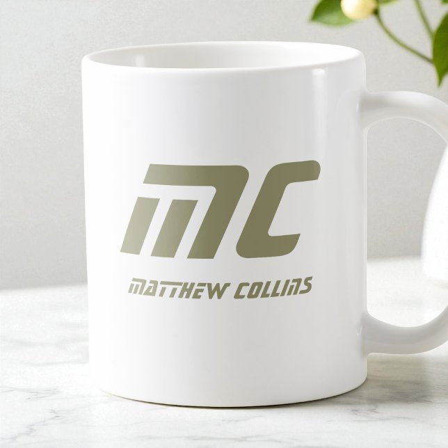 Modern Green Monogram Name Minimal Text Men's Coffee Mug (Modern Green Monogram Name Minimal Text Men's Coffee Mug)