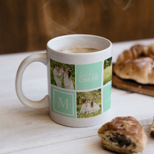 Modern Green Monogram Photo Collage Christmas Coffee Mug