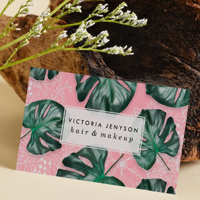 Modern green monstera leaf on pink white floral business card (Creator Uploaded)