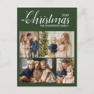 Modern Green Multi Family Photo Merry Christmas Postcard