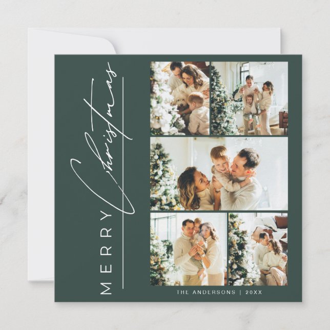 Modern Green Multi Photo Merry Christmas Script Holiday Card (Front)