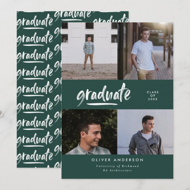 Modern green multi photo typography graduation invitation (Front/Back)