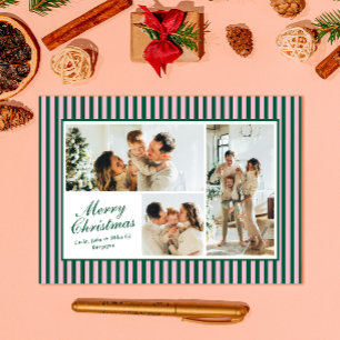 Modern Green n Pink Stripe 3 Photo Christmas Card