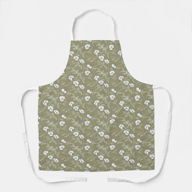 Modern Green Nature White Flowers Floral Pattern Apron (Front)