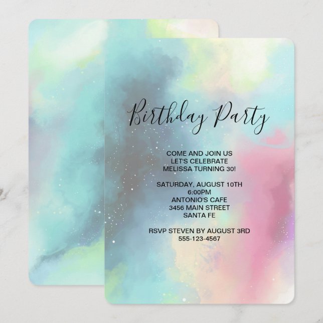 Modern Green Nebula Faded Watercolor Birthday Invitation (Front/Back)