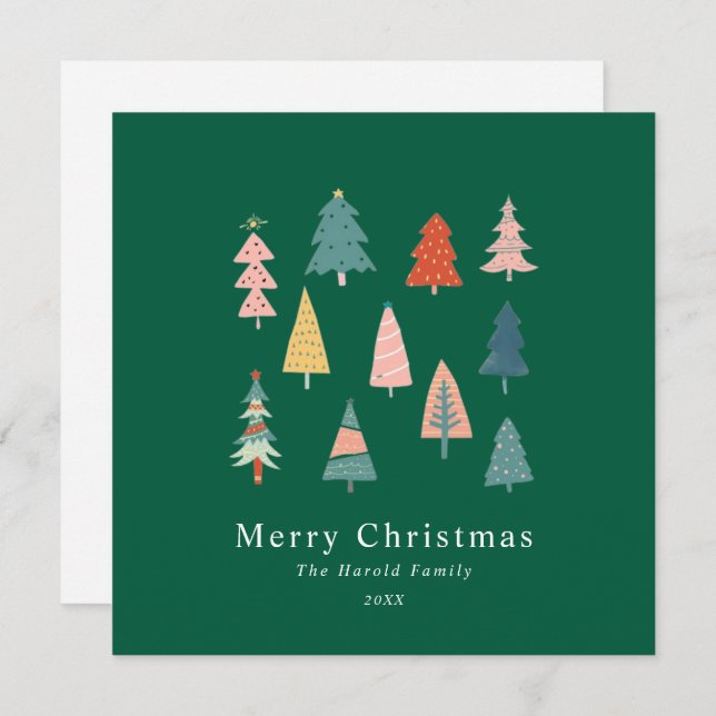 Modern Green Non Photo Simple Christmas Trees Card (Front/Back)