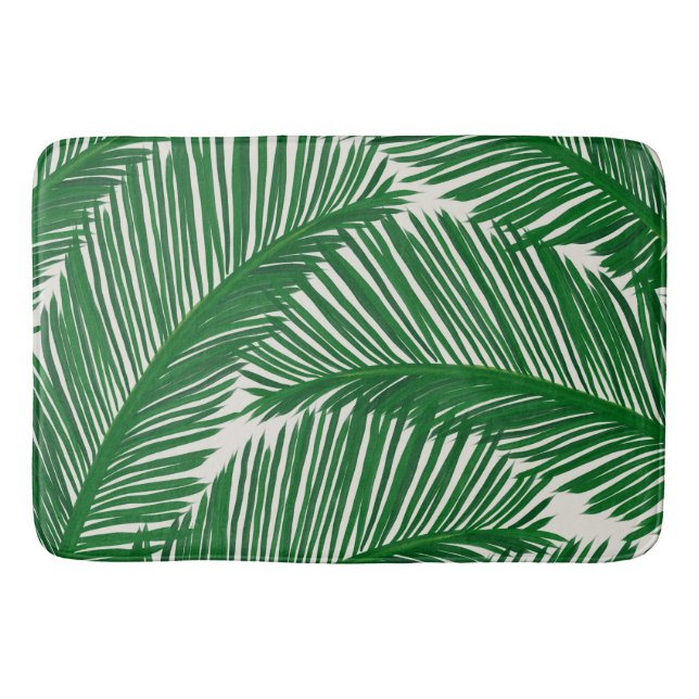 Modern Green Palm Leaf Tropical Pattern Bath Mat (Front)