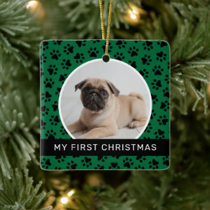 Modern Green Paw Print Puppy First Christmas Photo Ceramic Ornament