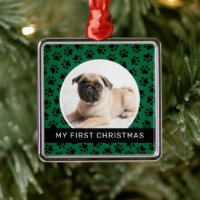 Modern Green Paw Print Puppy First Christmas Photo