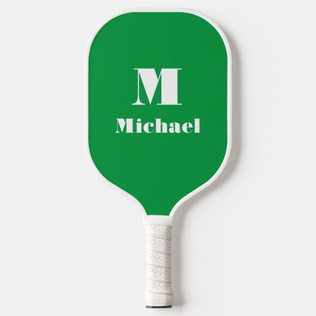 Modern Green Personalized Name Initial Solid Colou Pickleball Paddle (Front)