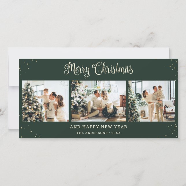 Modern Green Photo Collage Merry Christmas Cards (Front)