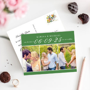 Modern Green Photo Collage Save the Date Announcement Postcard